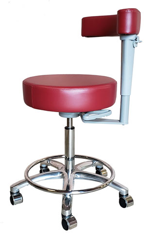 Medical or dental stool with wheels and abdominal support arm