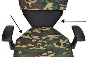 Diagram showing the Shield Chair's lower back and seat are angled, providing additional space for gun belts or other bulky equipment belts.