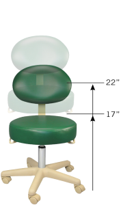 Rolling medical stool with back, adjustable height ranges from 17" - 22"