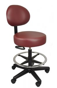 Red rolling medical stool with back and footring