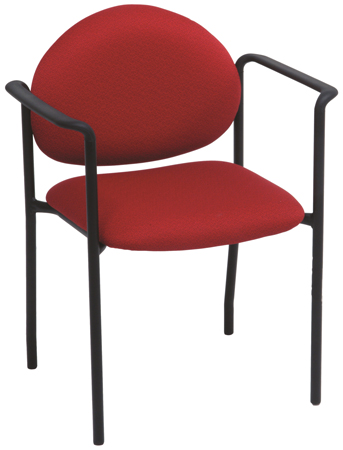 Red stacking chair has padded seat and back