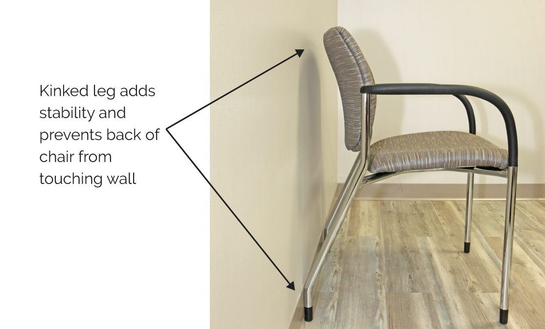 Diagram of Jem Chair's Wall-Saver legs shows back of chair does not touch wall.