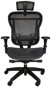 All-mesh office chair with wheels, arms, and headrest.