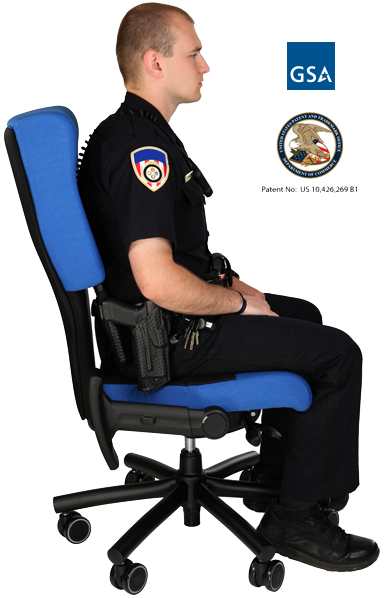 Police officer sitting in Shield Cop Chair shows extra room for gun belt