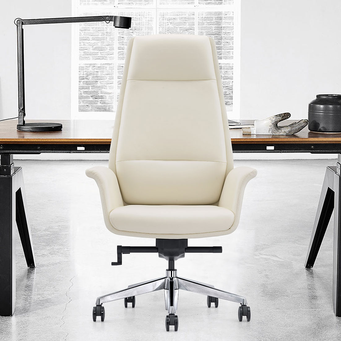Off-White Leather High-Back Executive Office Chair