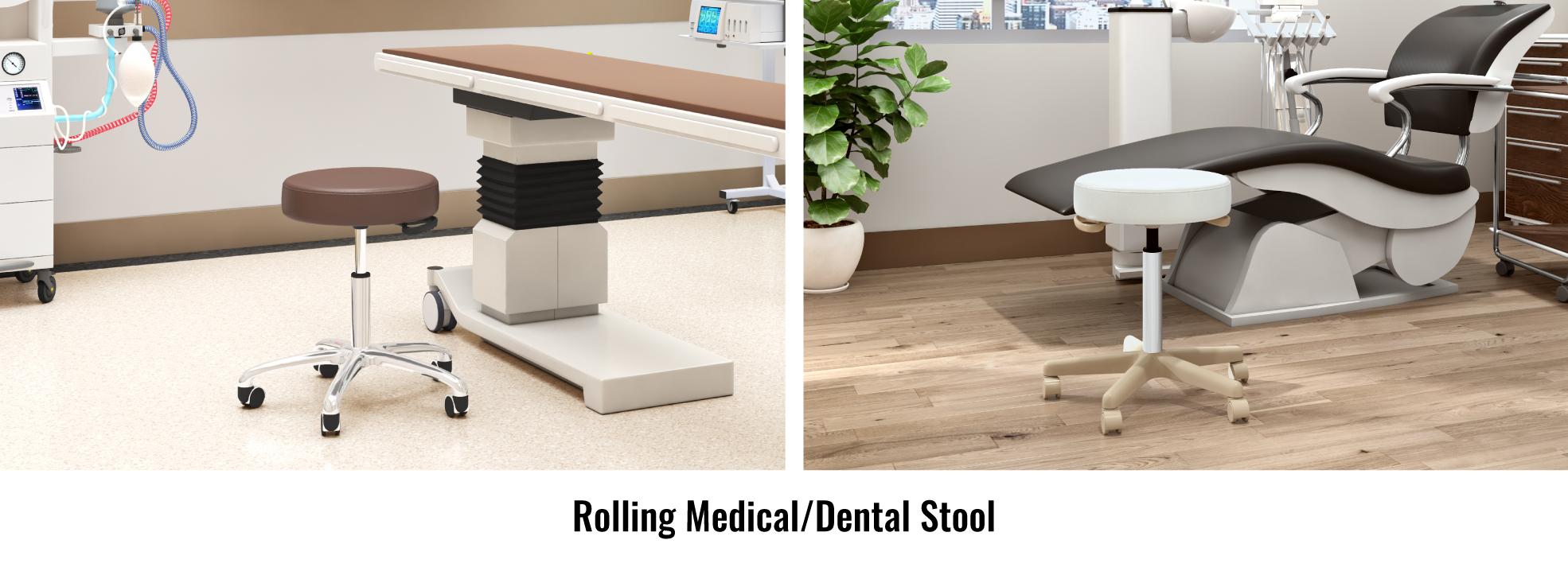 Rolling medical or dental stool shown in brown and white