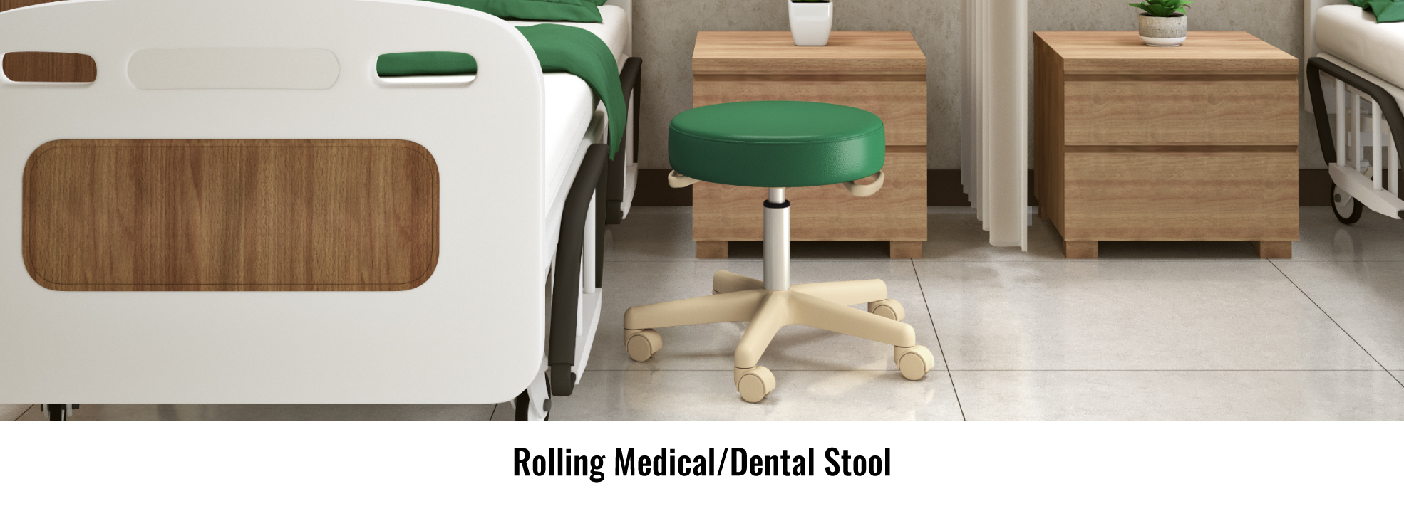 Rolling medical or dental stool shown in green