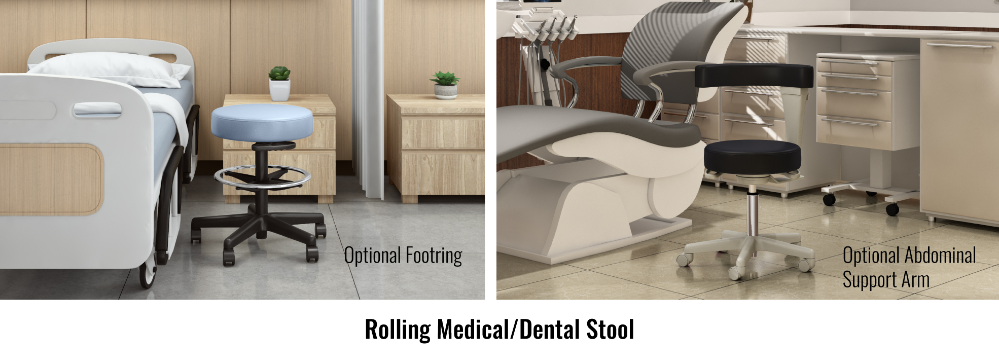 Rolling medical or dental stool with optional footring and optional abdominal support arm