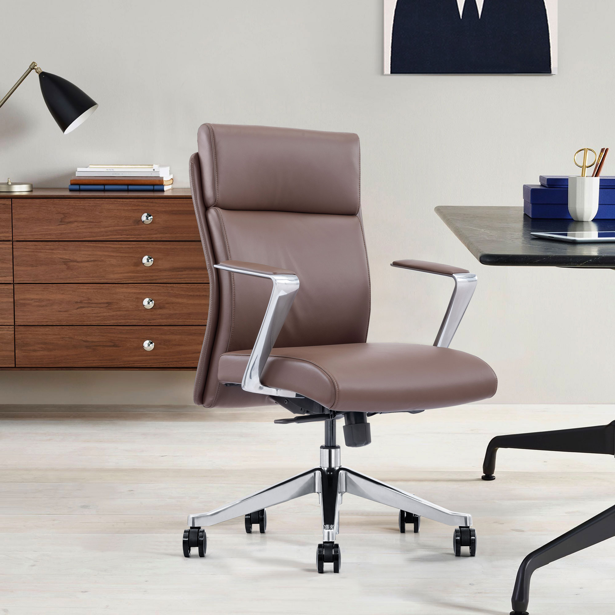 Brown Leather Mid-Back Office Chair