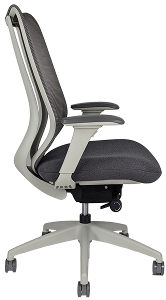 Office chair with mesh back and cushion seat, side view