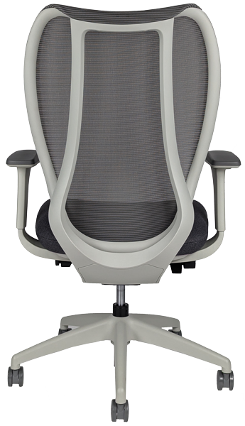 Gray office chair with mesh back and comfortable soft cushioned seat, back view