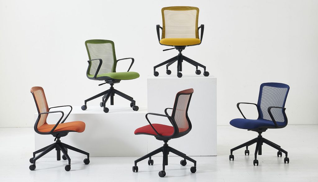 Colorful mesh-back office chairs