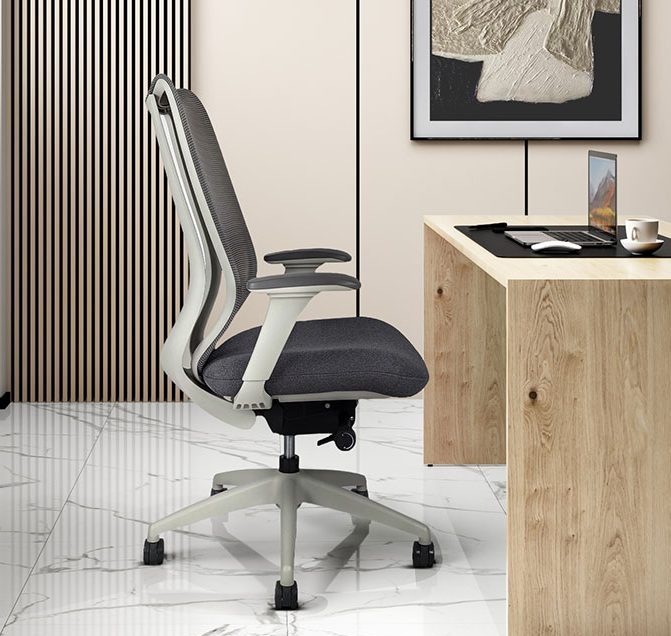 Comfortable Gray Office Chair With Mesh Back - Side View