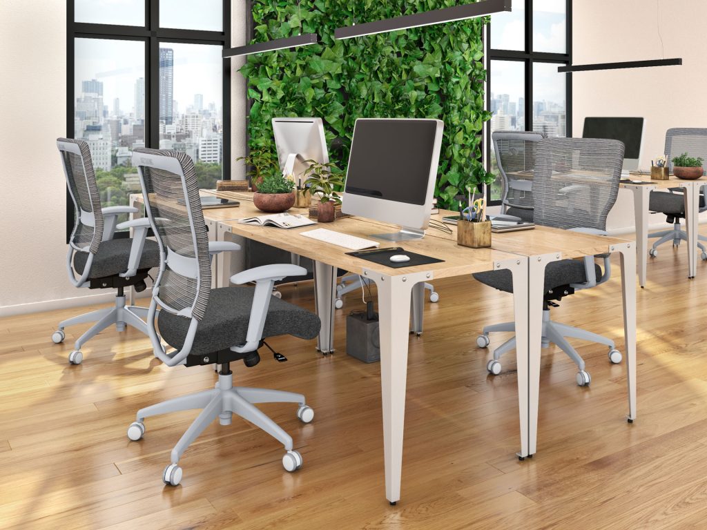 Gray and white mesh-back office chair