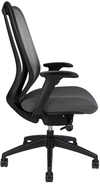 Black office chair with mesh back and cushioned seat, side view