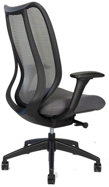 Black mesh-back office chair, back angle view