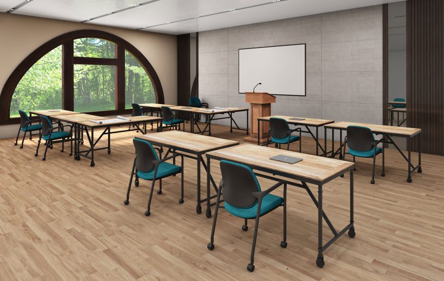 Teal and black stacking chairs in classroom
