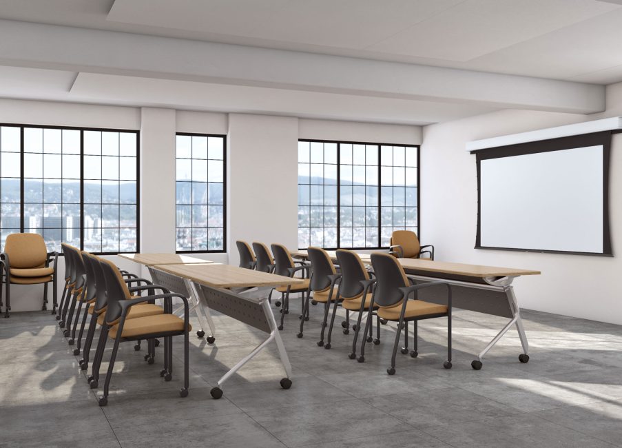 Taupe and black stacking chairs in classroom