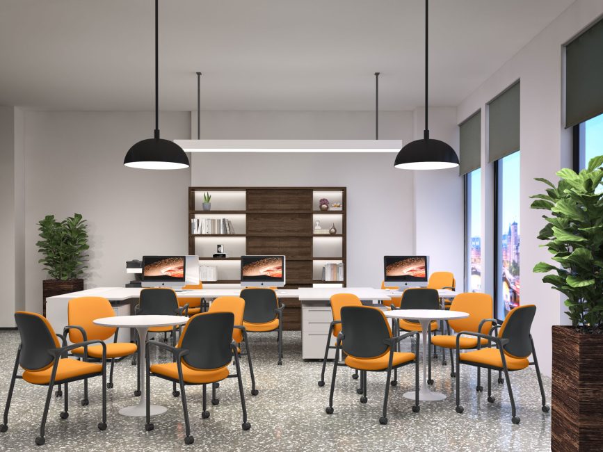 Stacking chairs around tables