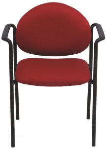 Red stacking chair with arms and black frame